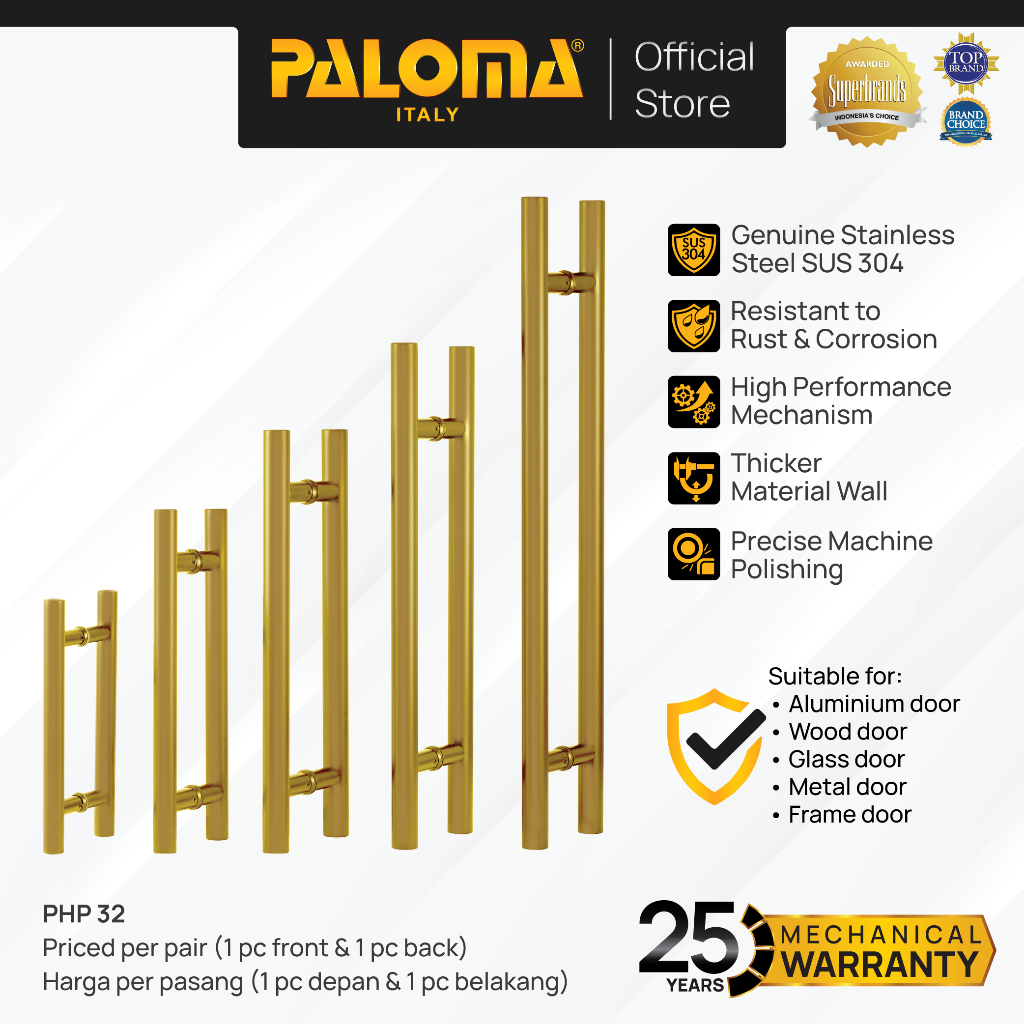 PALOMA Gagang Tarikan Pintu Door Pull Handle Stainless Steel SUS 304 SUS304 Gold Emas PHP 3201 PHP 3