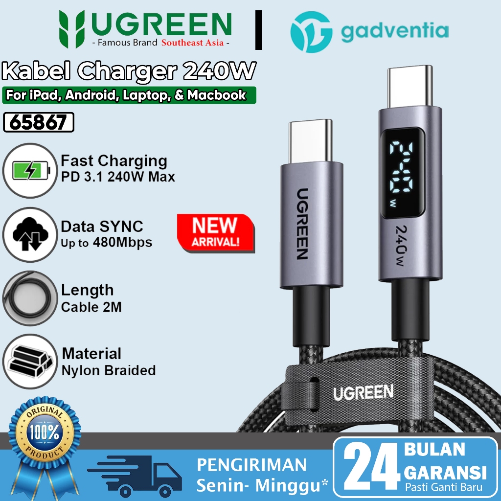 UGREEN Kabel Charger Data PD Type C to Type C Digital Display Fast Charging 240W 5A Nylon Braided