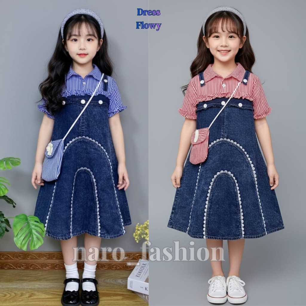 MIDI DRESS FLOWY MOTIF VIRAL DRESS ANAK PEREMPUAN JEANS PREMIUM MEWAH USIA 3 -10 TAHUN/BAJU DRESS AN