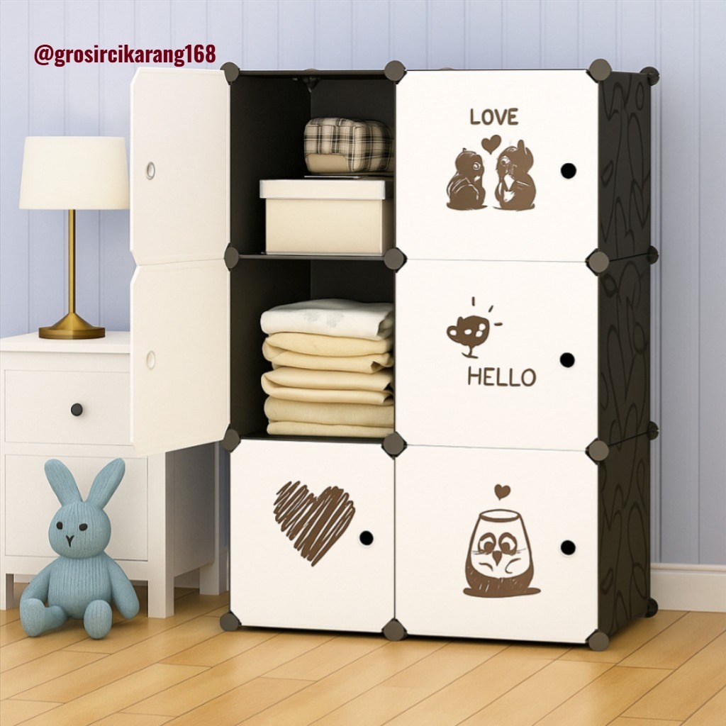 Lemari Plastik Portable 6 Pintu Karakter Rak Gantungan Baju Serbaguna Bongkar Pasang 2x3