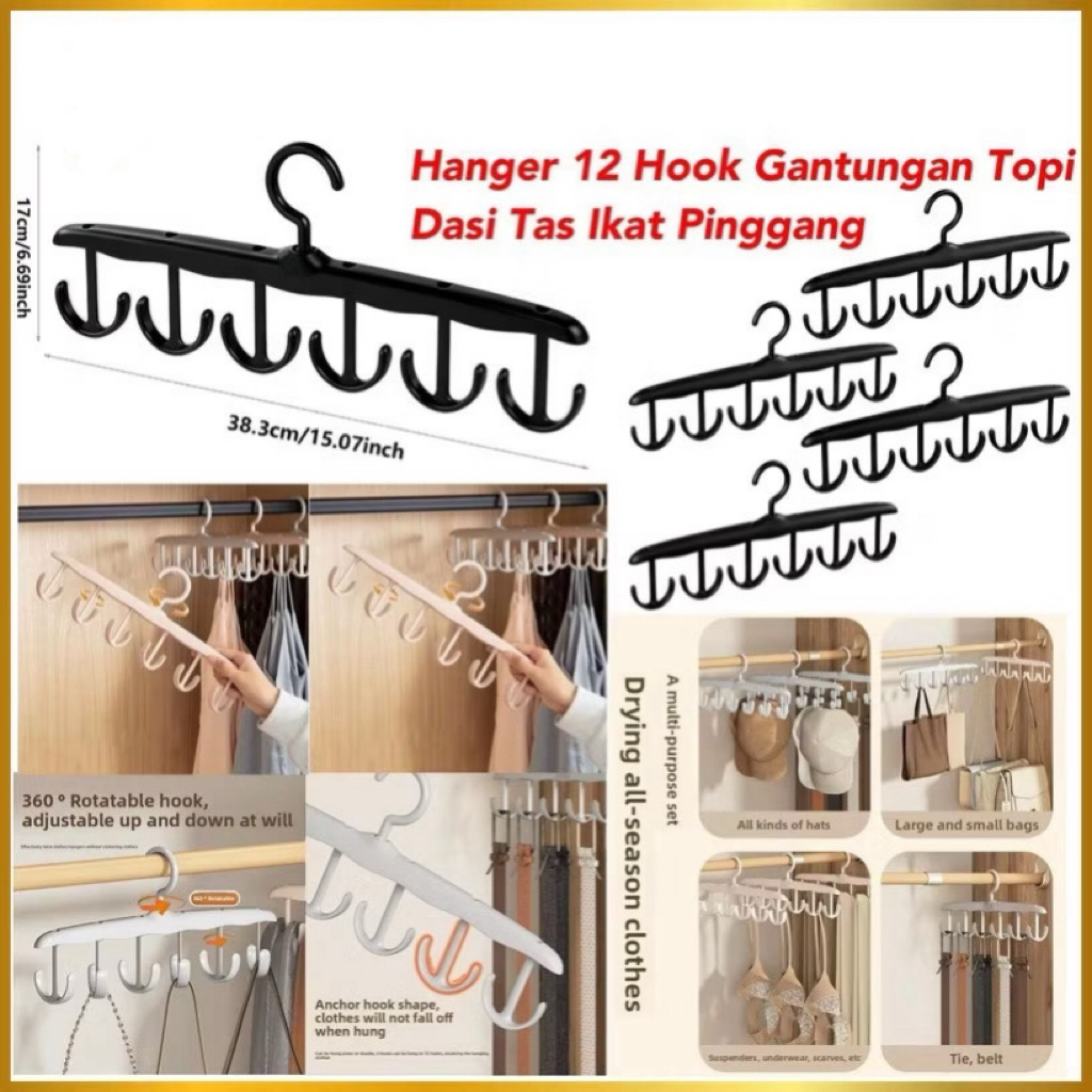 (GROSIRAN) Gantungan Hanger 12 Hook Plastik Gantungan Pakaian Tas Topi Ikat Pinggang Multilayer Serbaguna