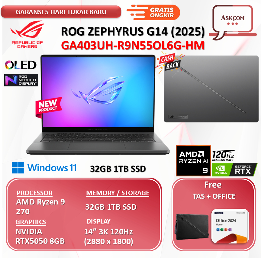 Asus ROG Zephyrus G14 GA403UH | R9N55OL6G AMD Ryzen 9 270 RTX5050 8GB 32GB 1TB SSD 14.0 3K OLED