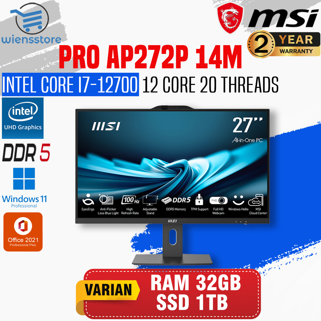 AIO PC MSI PRO AP272P 14M Intel Core i7 12700 Gen 12 +RAM + SSD + Windows 11 Pro + Office 2021 - PC 