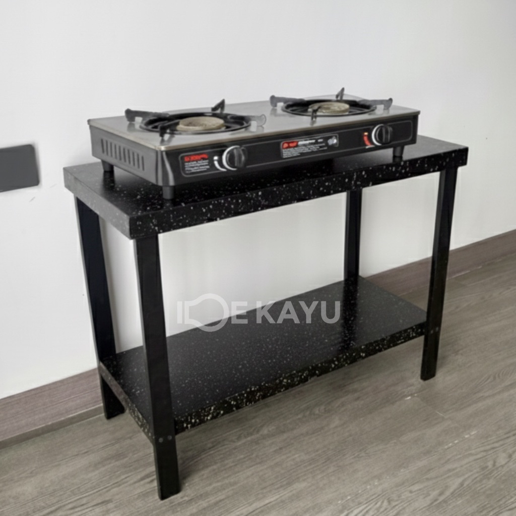 Meja Kompor 2 tungku,Rak Kayu Serbaguna 2 tahap motif granit, Meja Penyimpanan Dapur Minimalis