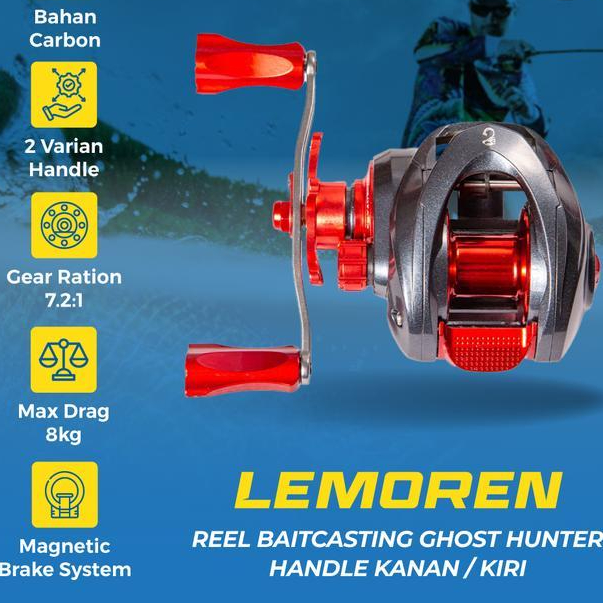Terlaris- Reel Baitcasting Lemoren Ghosthunter Ratio 7.2:1 Max Drag 8Kg Reel Bc Handle Kanan/Kiri