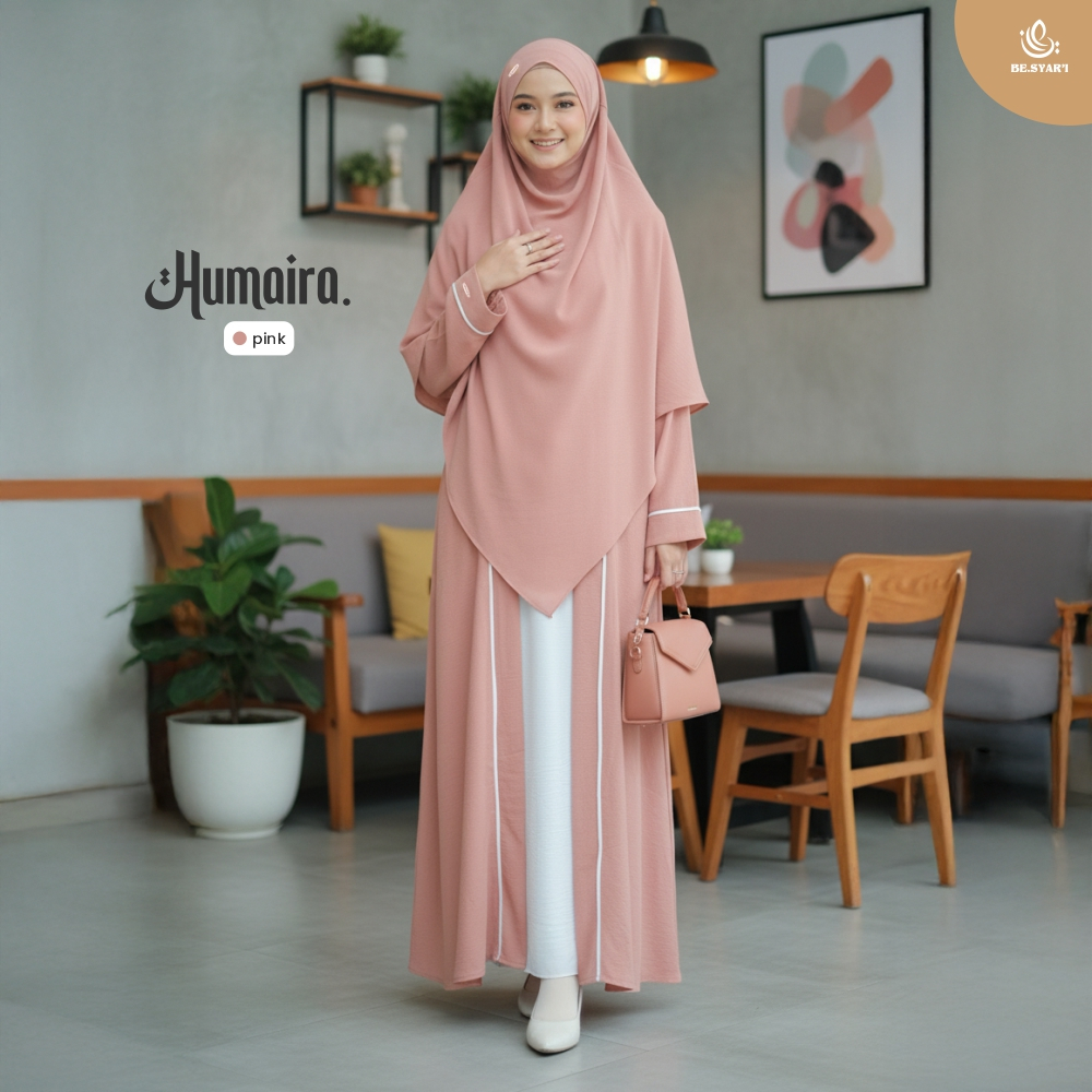 Be.Syar'i - Humaira Pink Abaya Syari Set | Adem & Ringan Bahan Crincle Premium Umrah Haji