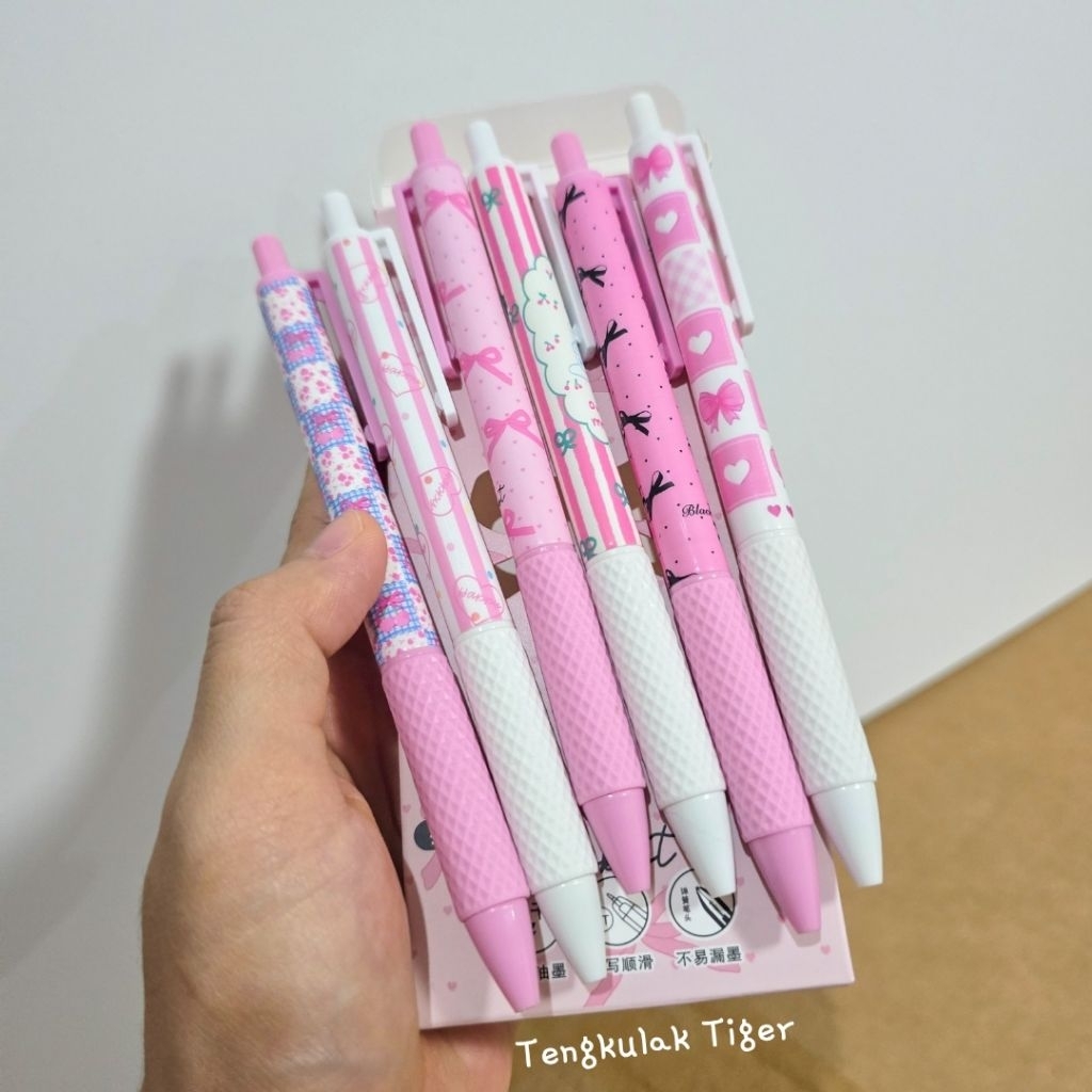 6pcs Set Pulpen Gel Ribbon Pink Pita Lucu Heart Pen Kawaii Aesthetic Tinta Hitam Cepat Kering