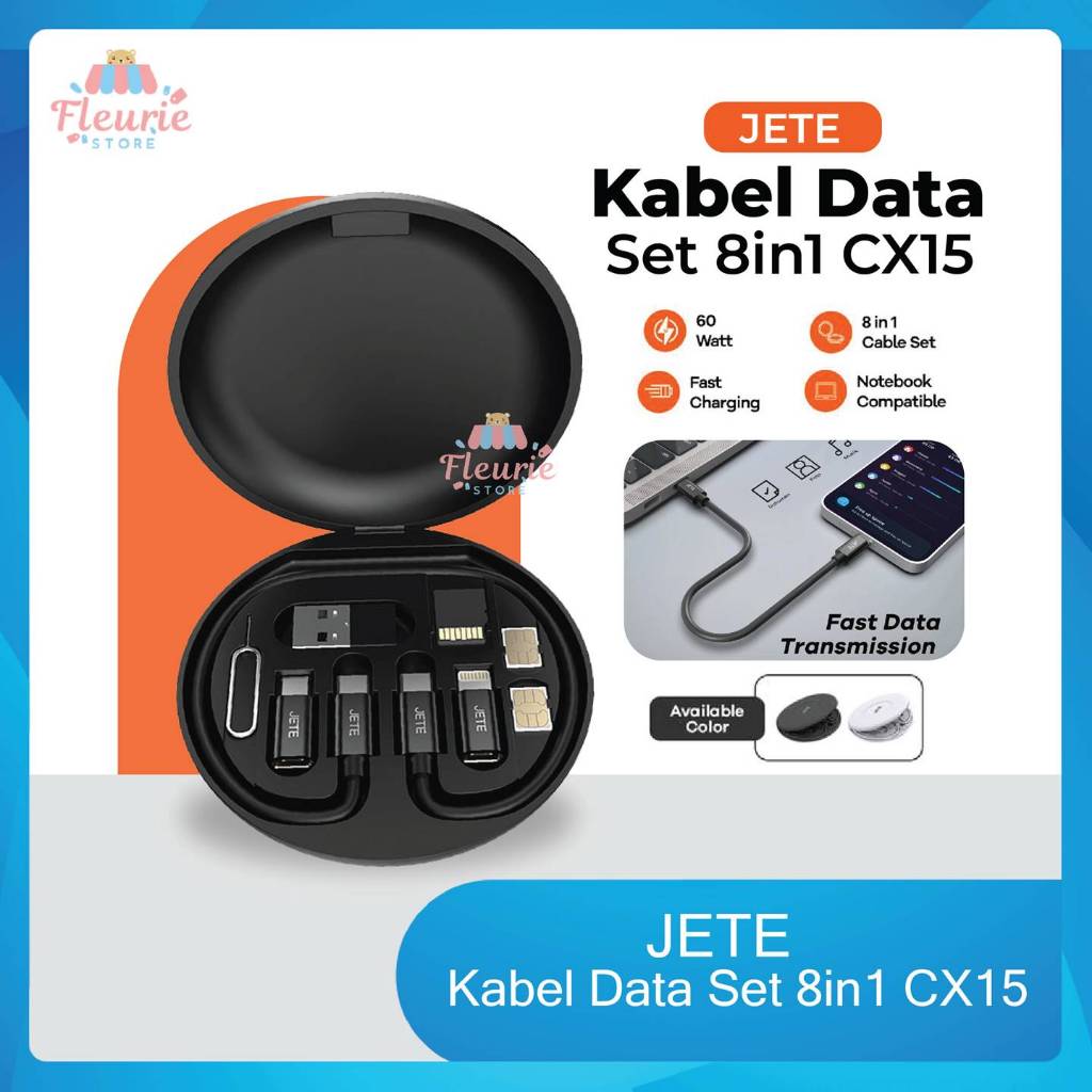 JETE Kabel Data Set 8in1 CX15 - Hitam / Putih - Kabel Data Multifungsi JETE [Garansi 2 Tahun]