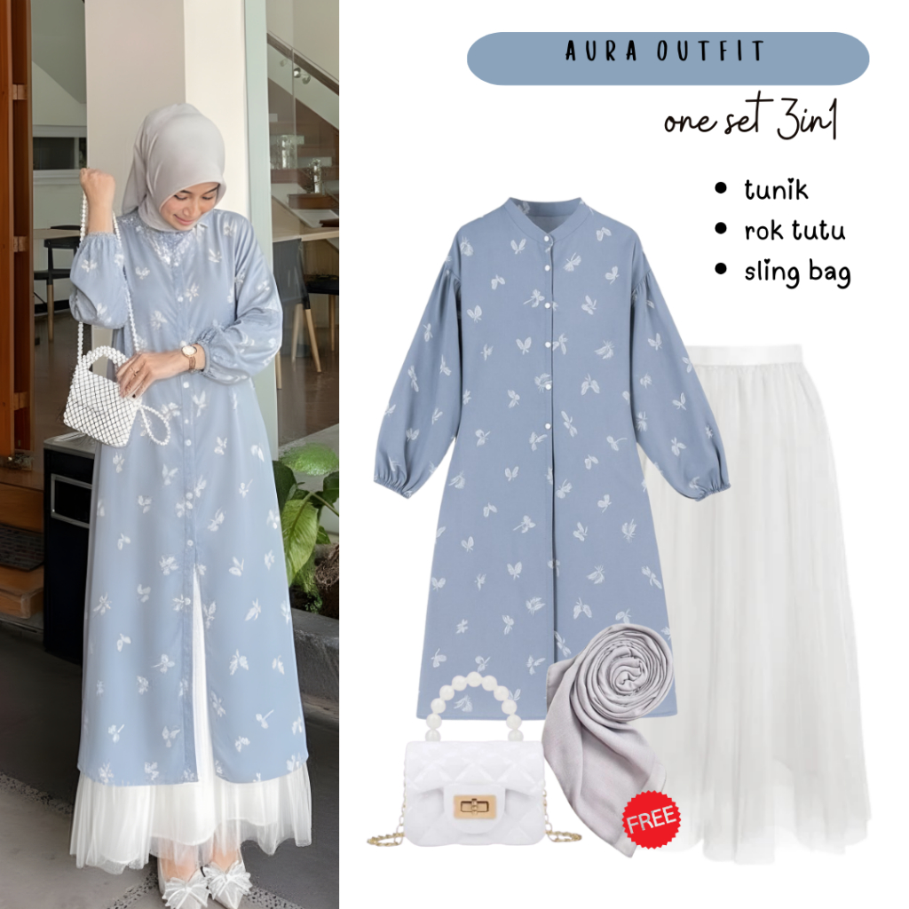 Setelan Outfit Hijab Style | Tunik Shakila Biru , Rok Tutu Putih , Shoulder Bag Putih - FC06