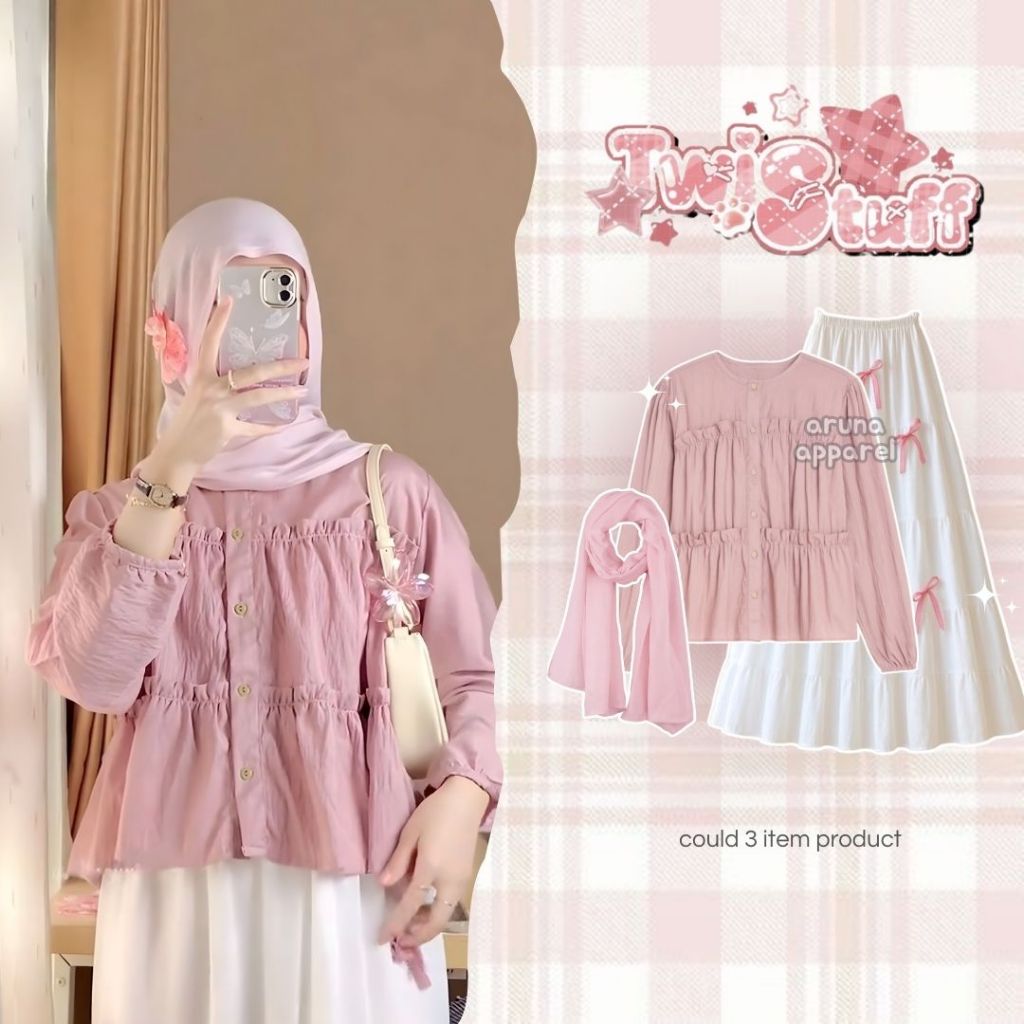 aruna - 3in1 One Set Adlina Korean Style | Hijab + Blouse Neora + Rok Susun | Outfit Soft Terbaru Te