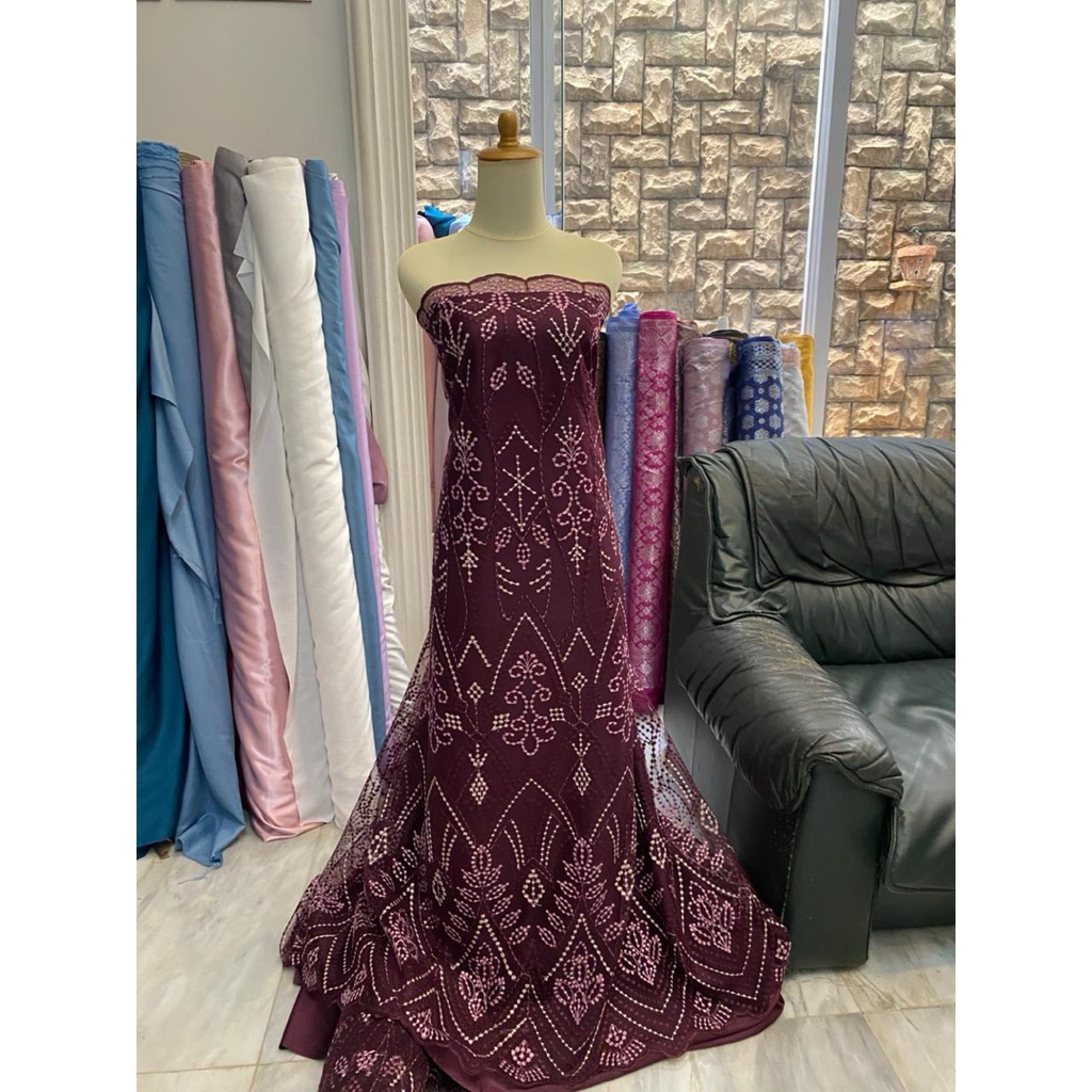 Bahan Brokat Brukat Tile Tulle Bordir Embroidery Eliesab Series Kain Kebaya Mewah Warna Burgundy Ung