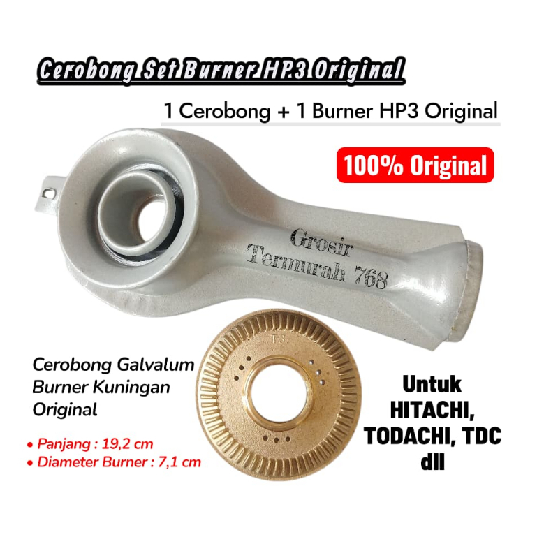 1 SET CEROBONG + BURNER KUNINGAN ORIGINAL ASLI HP3 KOMPOR GAS TODACHI HITACHI TDC HOCK