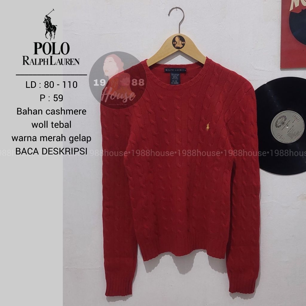 Ralph Lauren Sweater Rajut Kepang Bahan woll tebal warna merah