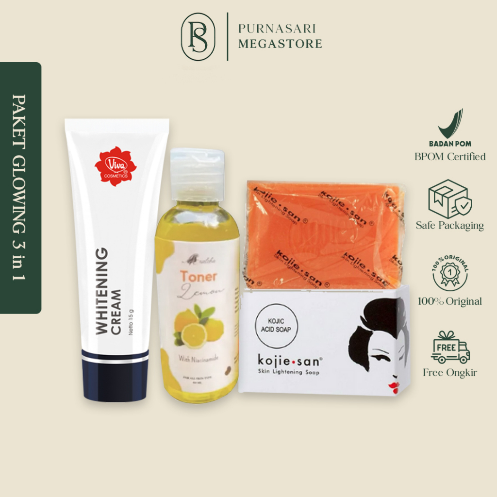 [PAKET 3 IN 1] VIVA Whitening Cream 15gr + Sabun Kojie San 65gr +Toner Lemon Mencerahkan Kulit Wajah