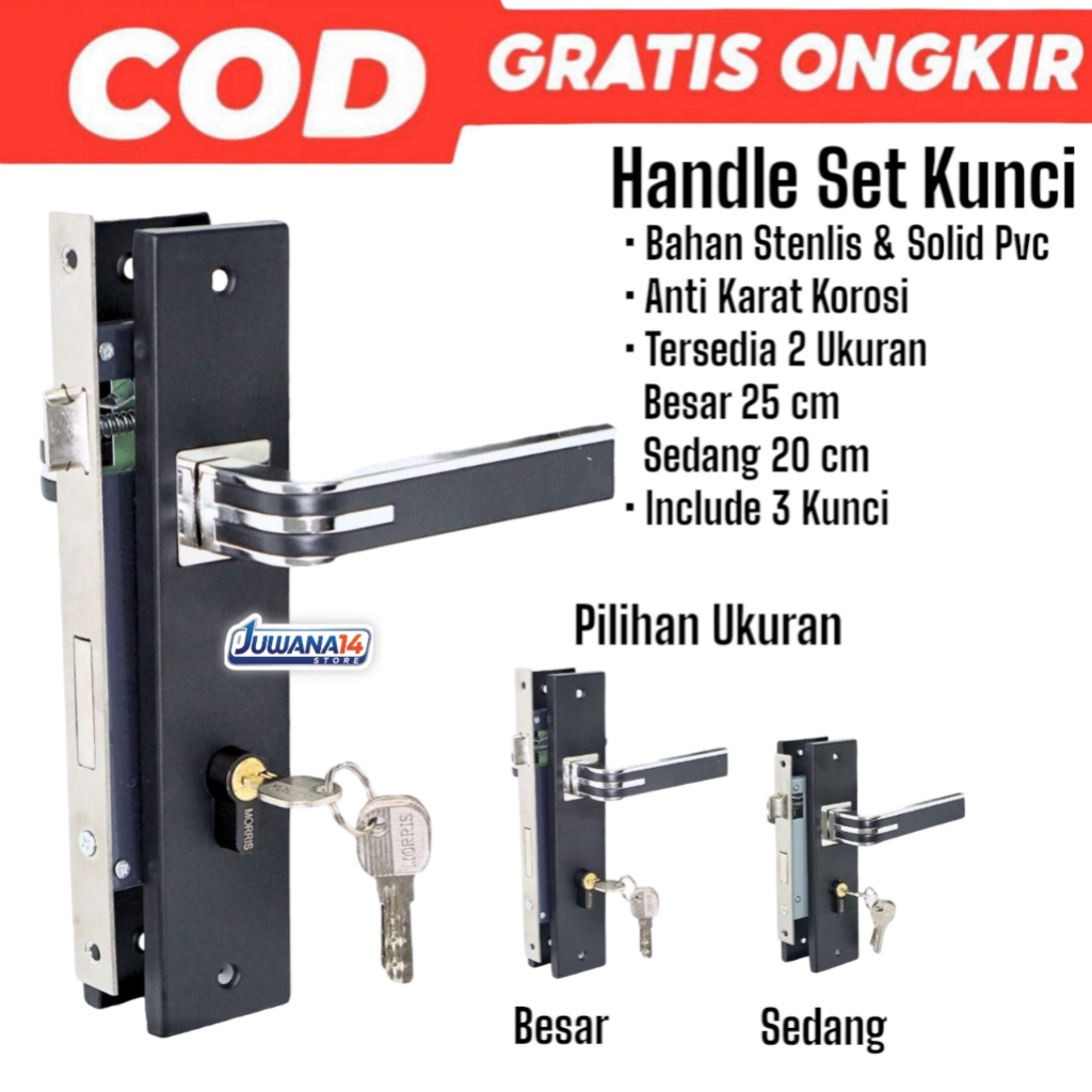 Handle pintu rumah gagang pintu kamar tidur 1 set murah ukuran 25 cm & 20 cm warna hitam premium