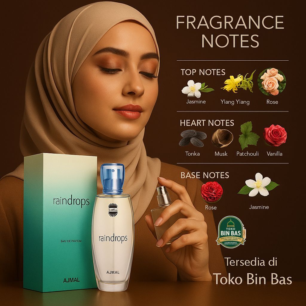 Ajmal Raindrops Eau De Parfum 50ml – Parfum Wanita Aroma Segar Floral Musky Tahan Lama Dupe Coco Cha