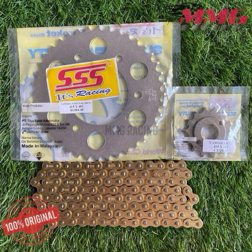 Original Gear SSS 415 + Rantai Gold Polos untuk motor Vixion Lama, Vixion Baru, MxKing150, Byson, Xa