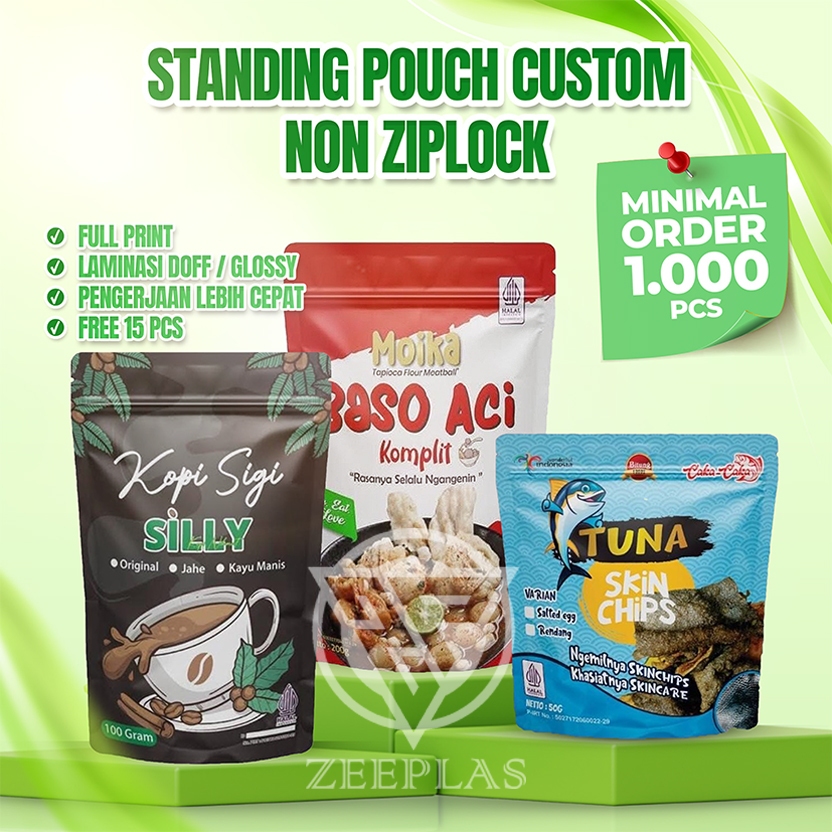 STANDING POUCH CUSTOM NON ZIPLOCK / NON ZIPPER 1.000 PCS CETAK KEMASAN MAKANAN FULL PRINTING PLASTIK