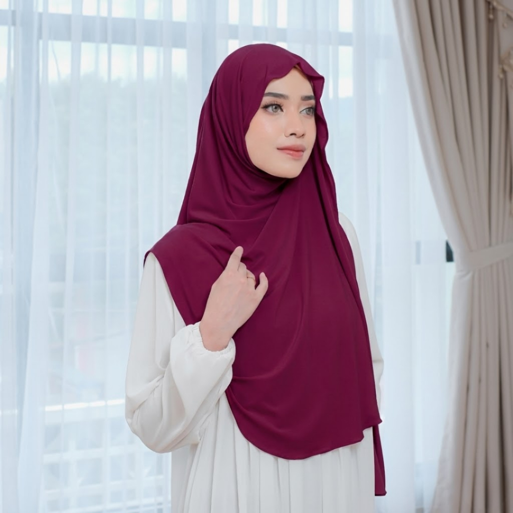 Coverly Hijab - Pashmina Burgundy Instan Jilbab Bahan Jersey Tebal Non Ped Hijab Malay Cruty Syari