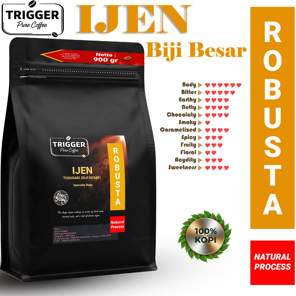 TRIGGER PURE COFFEE KOPI Robusta TUGUSARI ( Biji Besar) IJEN Natural Specialty Grade 1 Petik Merah