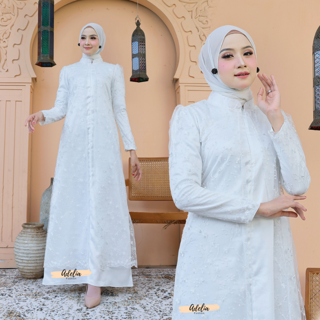 Gamis Putih Brokat Mewah Modern Lebaran Kondangan Pesta Kekinian - Baju Lebaran Putih Wanita Muslima