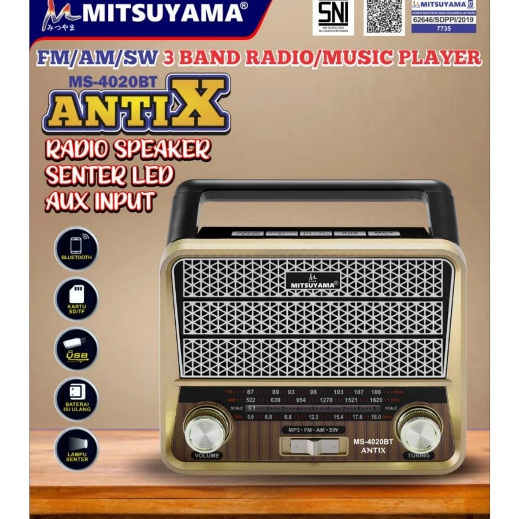 Radio Speaker Senter LED Bluetooth Mp3Mitsuyama MS-4020BT Antix  Radio Model Retro Klasik
