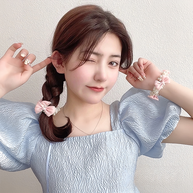 Ikat rambut pita dengan jaring mutiara, aksesori rambut wanita gaya Korea terbaru