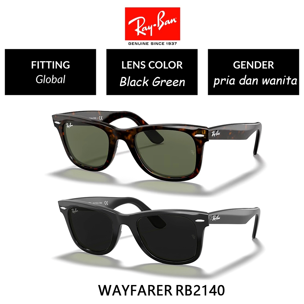 100% Original Kacamata Hitam Ray-Ban Original Wayfarer RB2140 Black Green Unisex Sunglasses