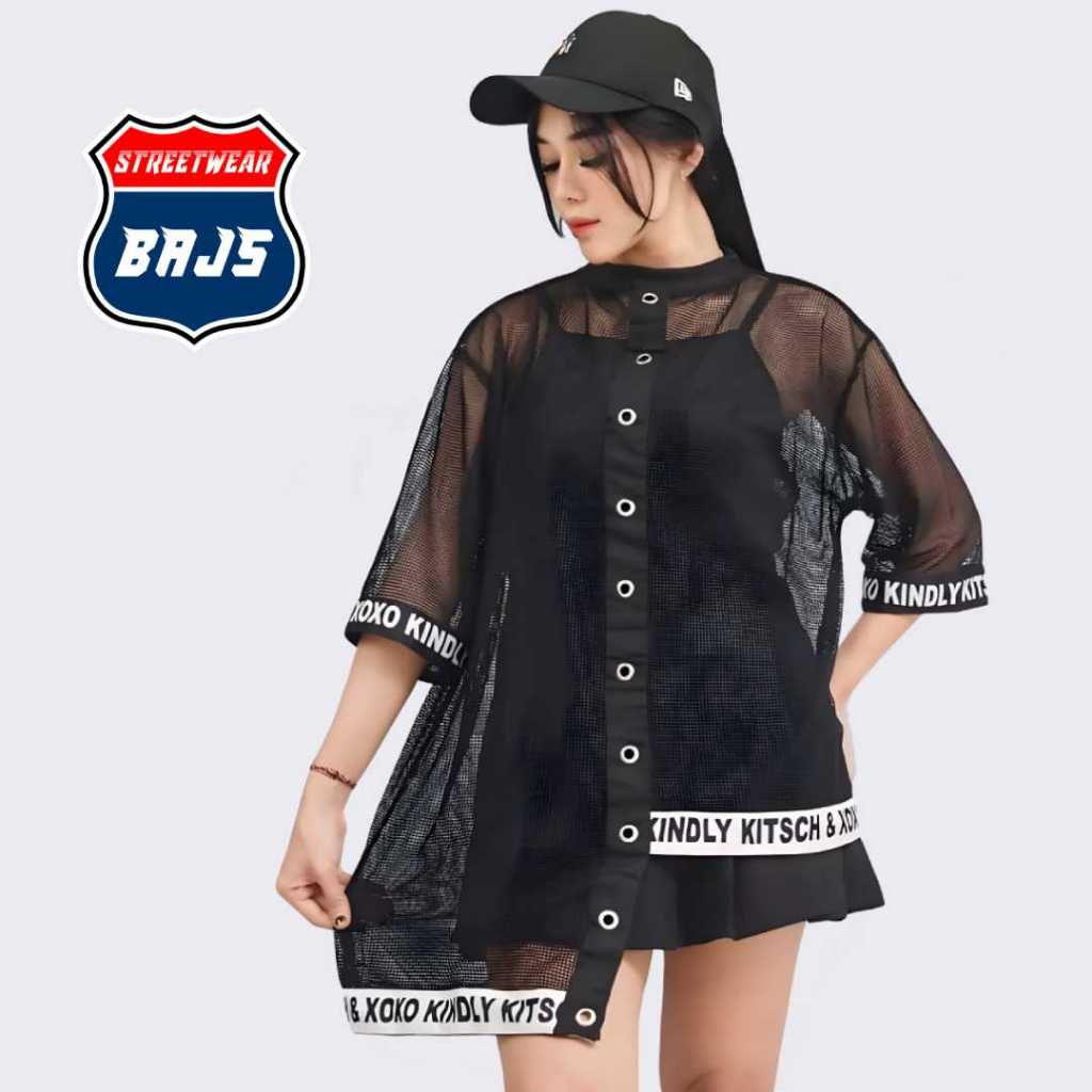BAJS Blus Jaring Two Face Harajuku Korean Style Oversize Mesh Streetwear Wanita Hitam
