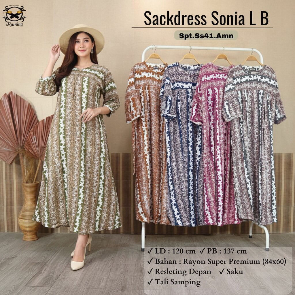 RM (LD 120 PB 137) SACKDREES SONIA LB RUMINA BATIK Sackdress Batik Cap Premium Pekalongan Warna Soga