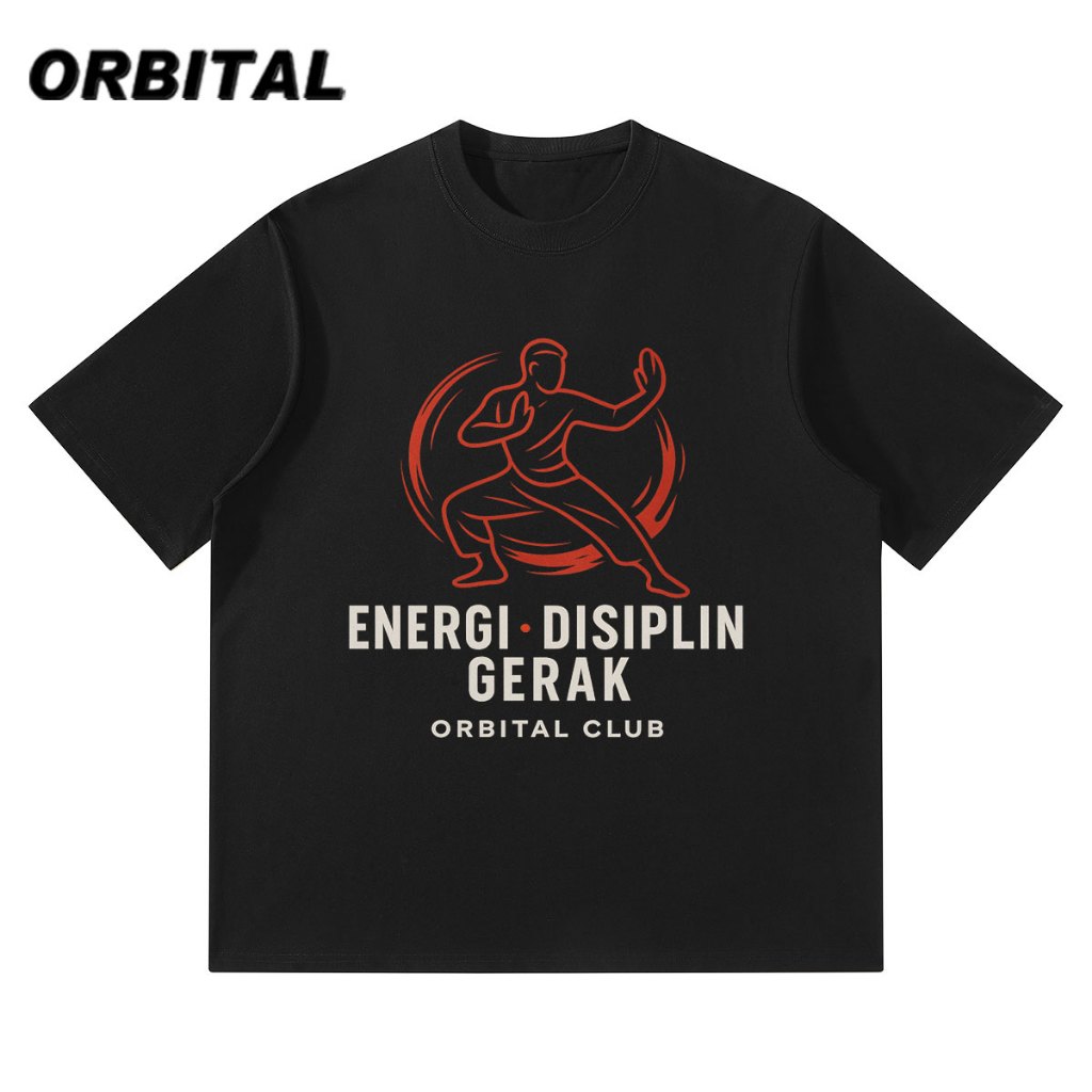 ORBITAL Kaos Pencak Silat Hitam 230GSM — Energy Motion Warrior Oversize Unisex