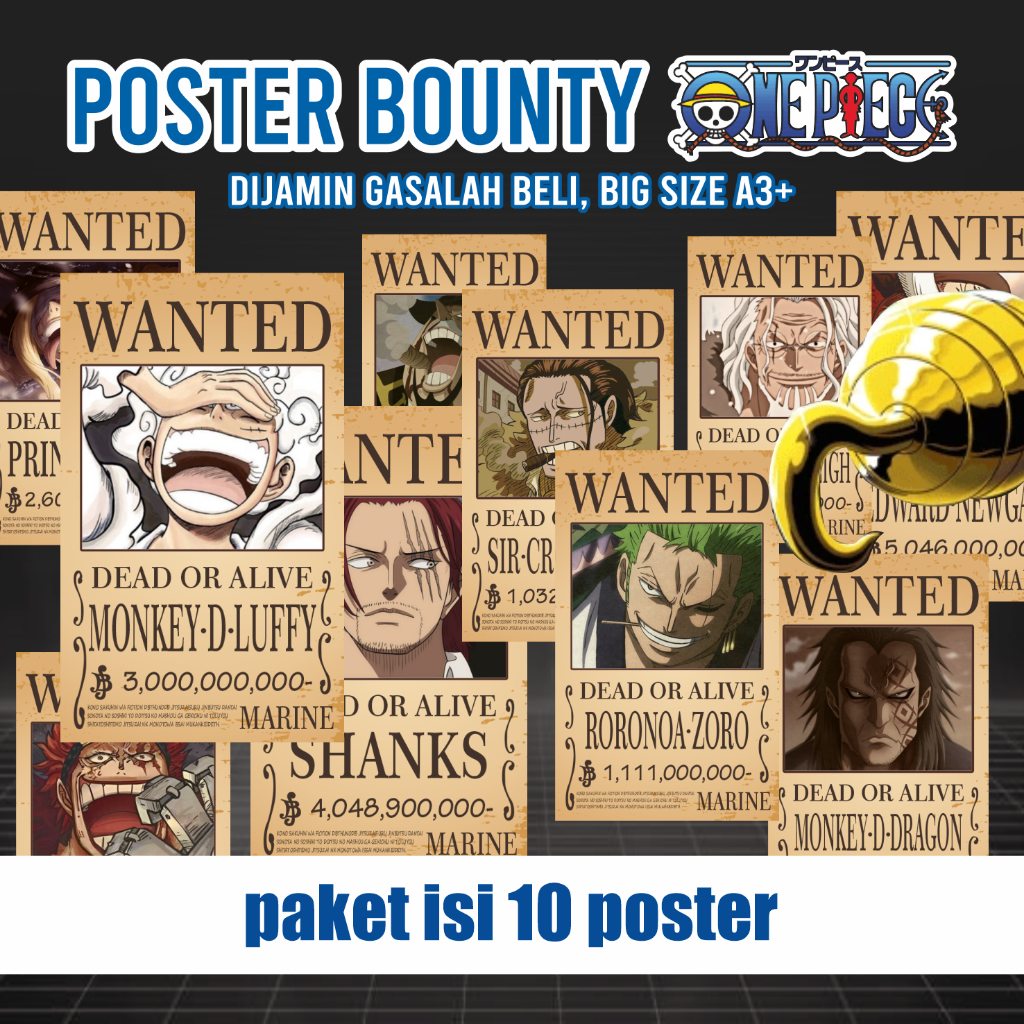 Poster Bounty One Piece Terbaru Poster Wanted Besar Ukuran A3+ 31cm x 47cm