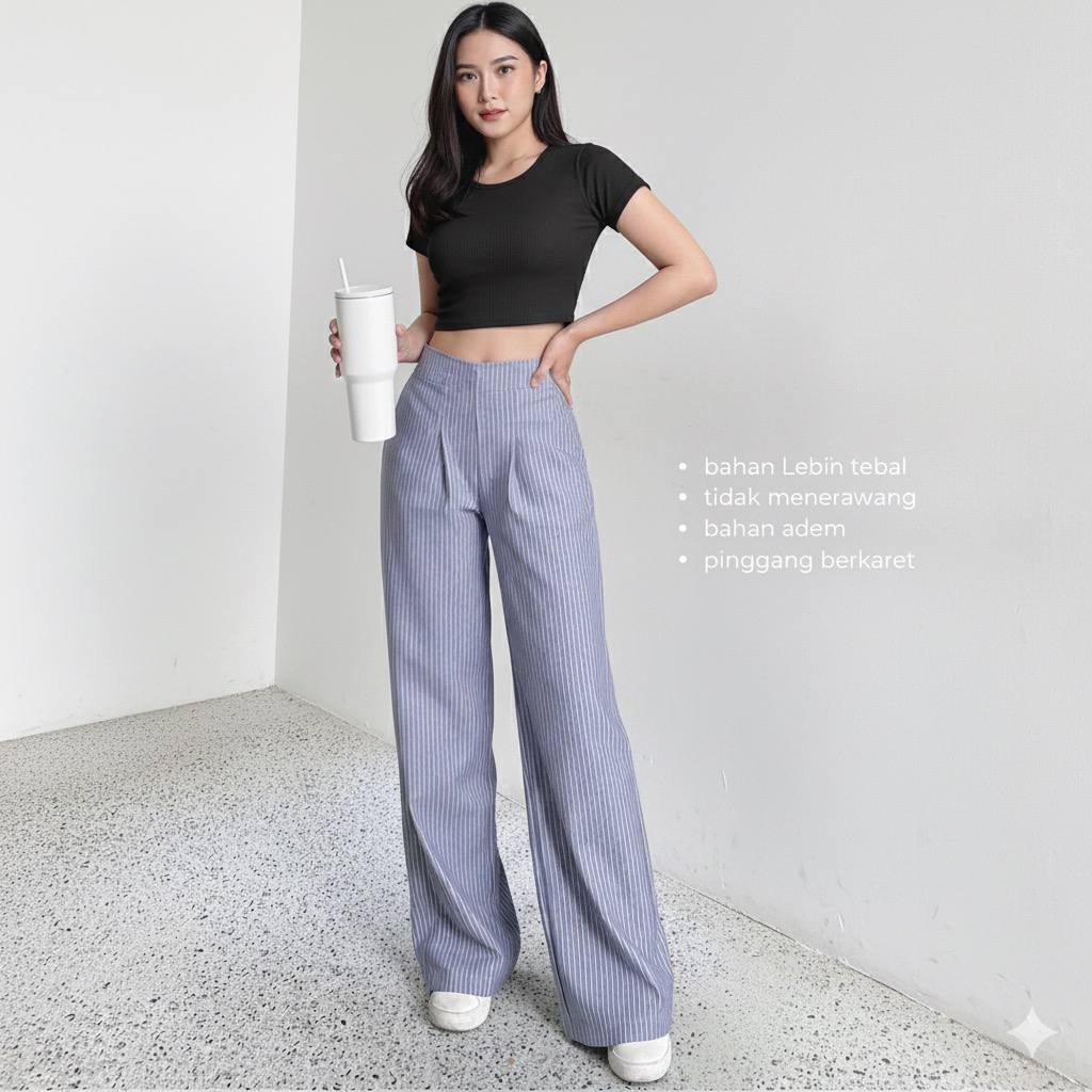 Pl Celana Wispie Katun Garis-Garis Biru Hitam