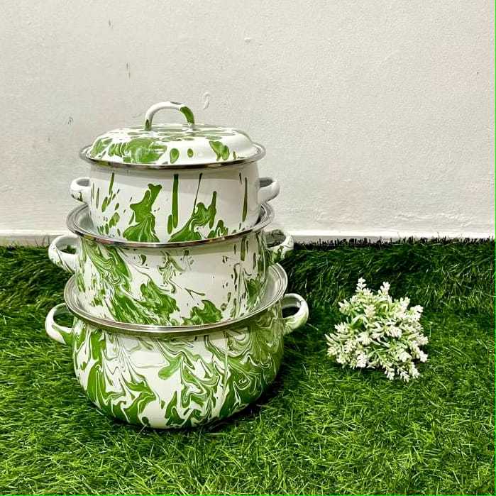 Panci Enamel Blirik Tutup Kaca 3 Susun Antik Satu set isi 3 pcs