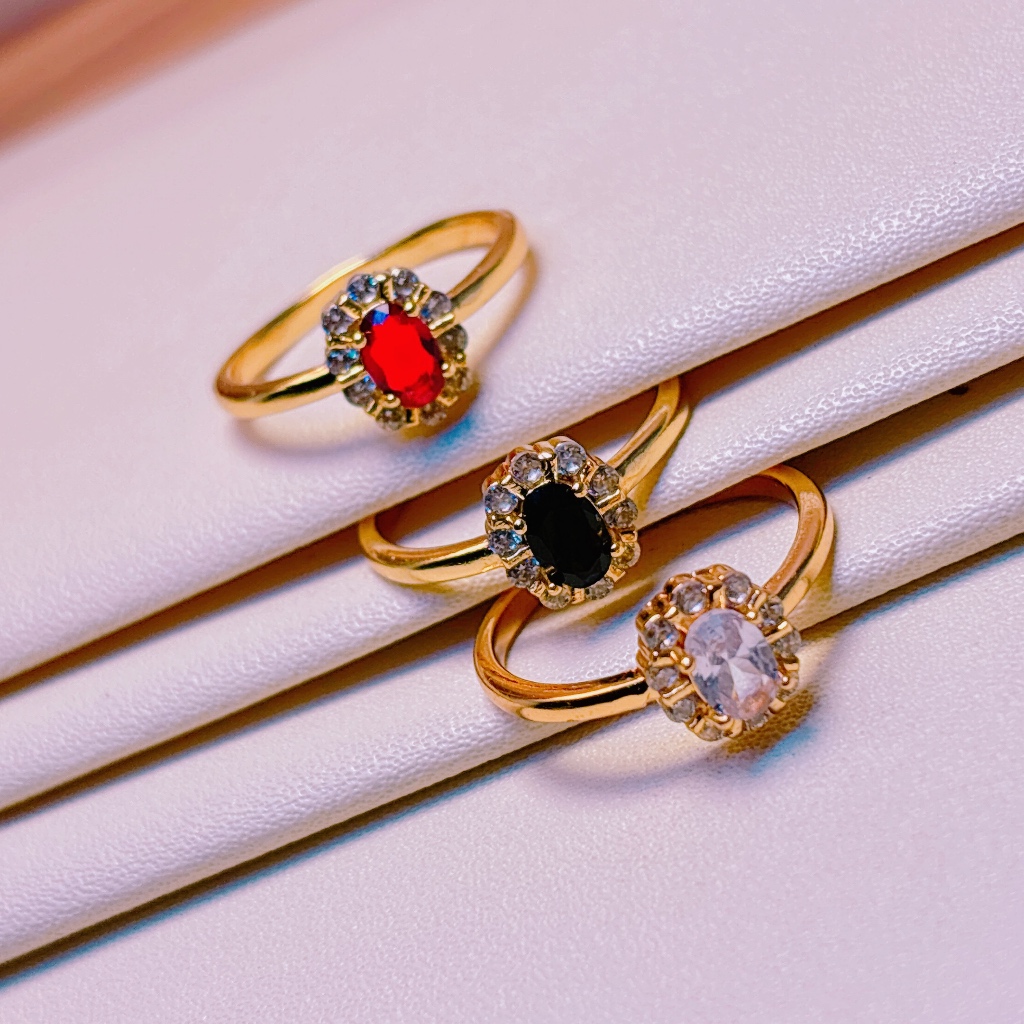 AishJewelry Cincin Titanium Wanita Anti Karat Emas Batu Permata Merah Hitam Putih Lapis Emas