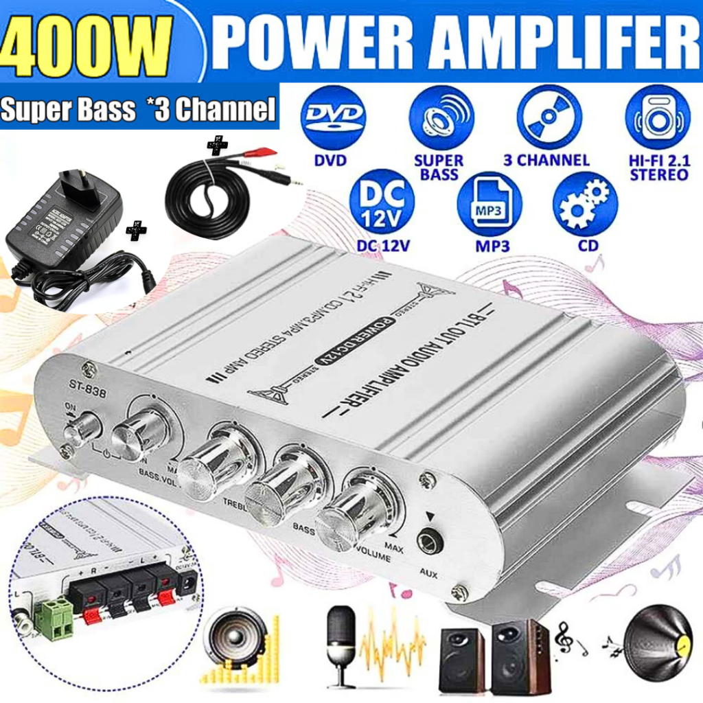 Amplifier CLAITE HiFi Stereo Ampli Mini Karaoke Rumahan Treble Super Bass Booster +Adaptor+Kabel DC 