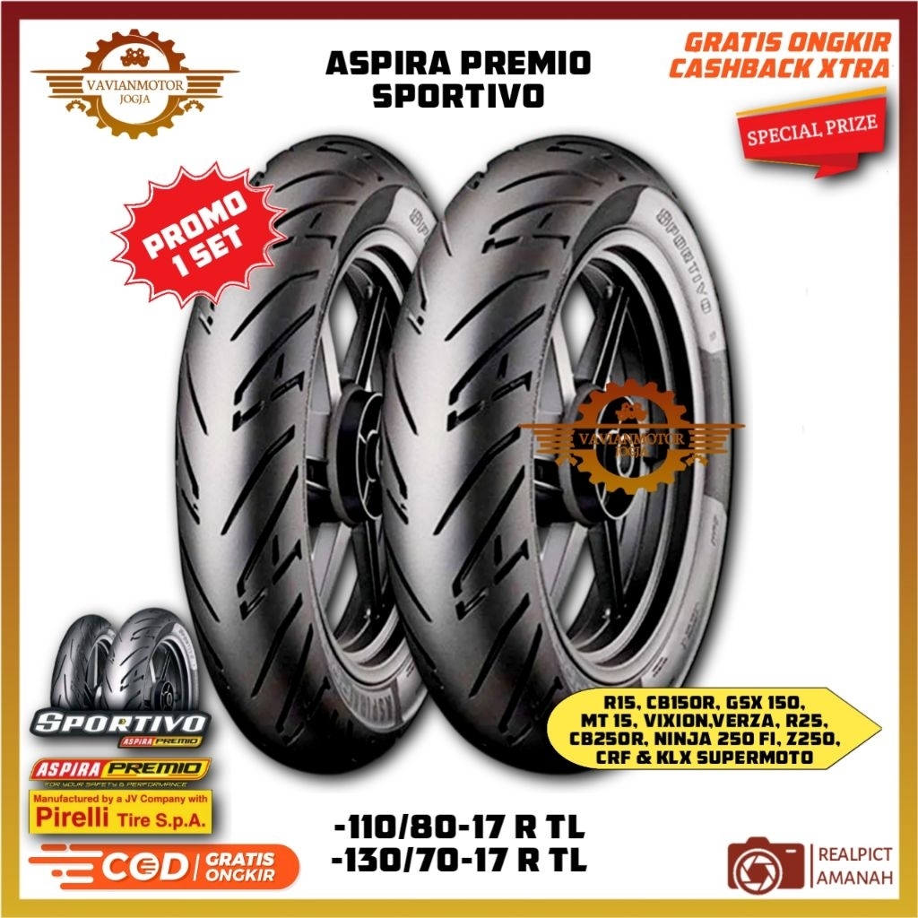 Ban Aspira Premio Sportivo 1 110/80-17 130/70-17 Tubeless Set Depan Belakang Bisa untuk R15 CB150R G