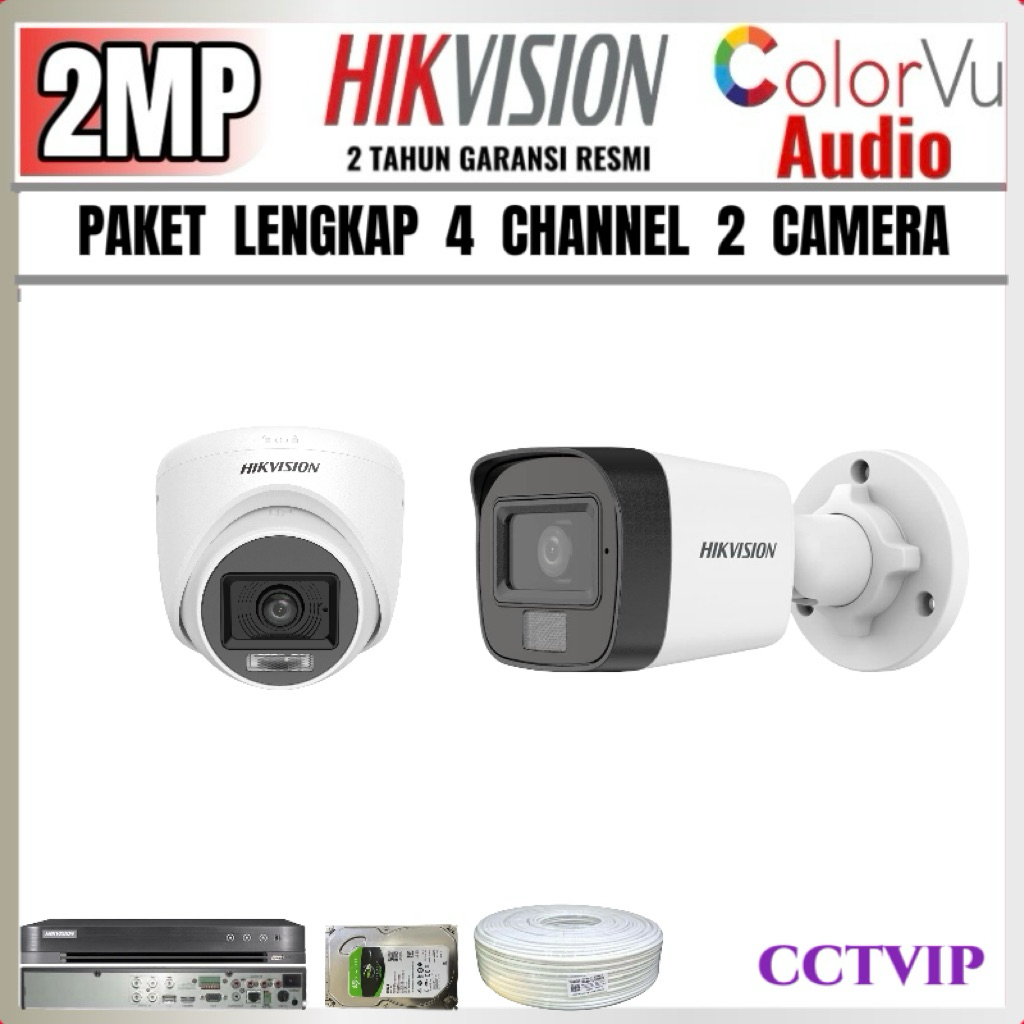 PAKET CCTV HIKVISION 2MP COLORVU AUDIO 4 CHANNEL 2 CAMERA TURBO HD COLORVU AUDIO LENGKAP