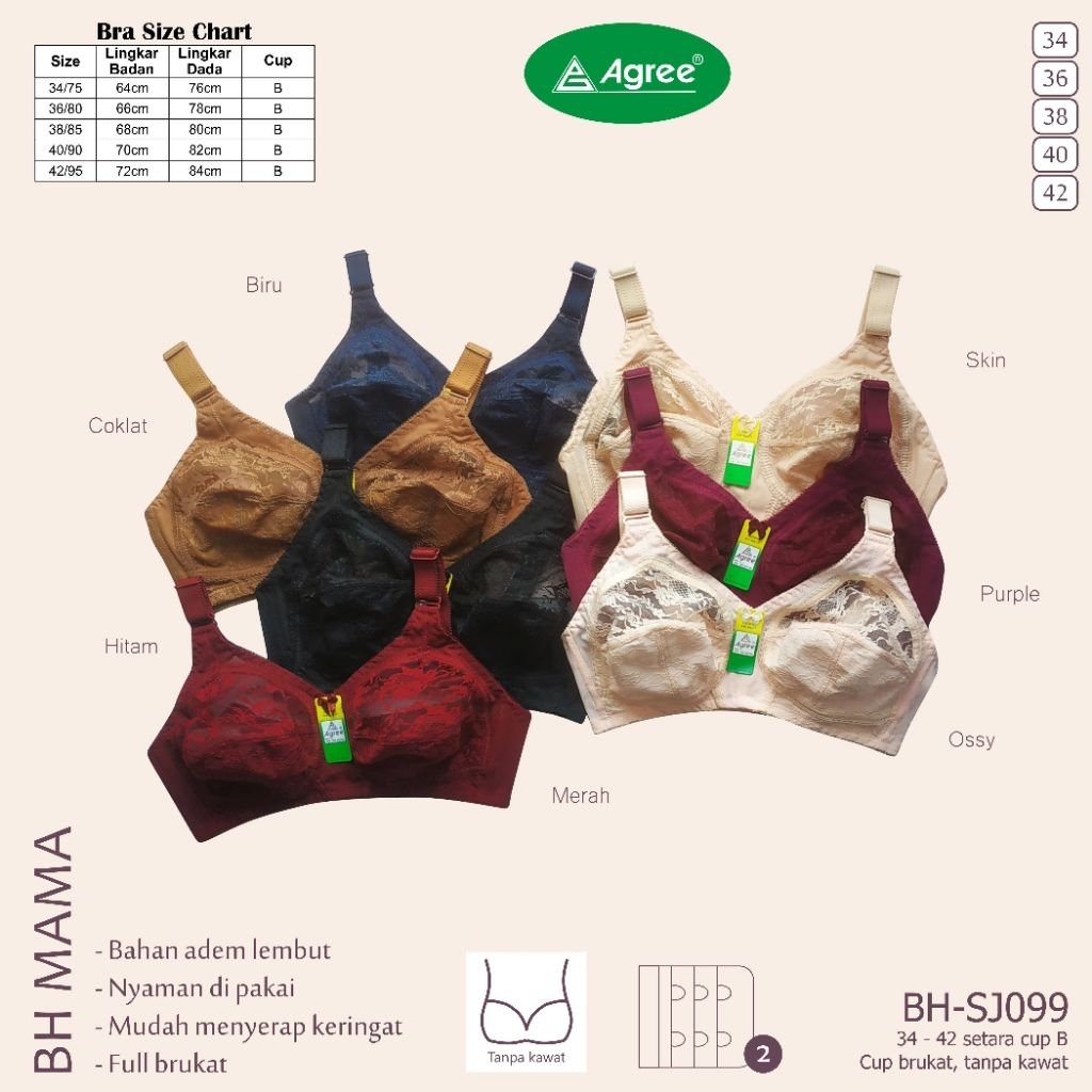 [ZDS] 1 PCS BRA BH AGREE 099 BURKAT KAIT 2 34 36 38 40 42 | TANPA BUSA TANPA KAWAT SUPER COMFORT AND