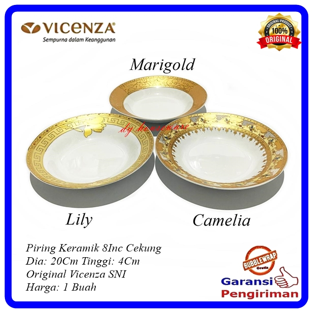Piring Makan Keramik 8Inc Cekung Piring Makan Gold 20 Cm Asli Vicenza ( Harga 1 Buah )