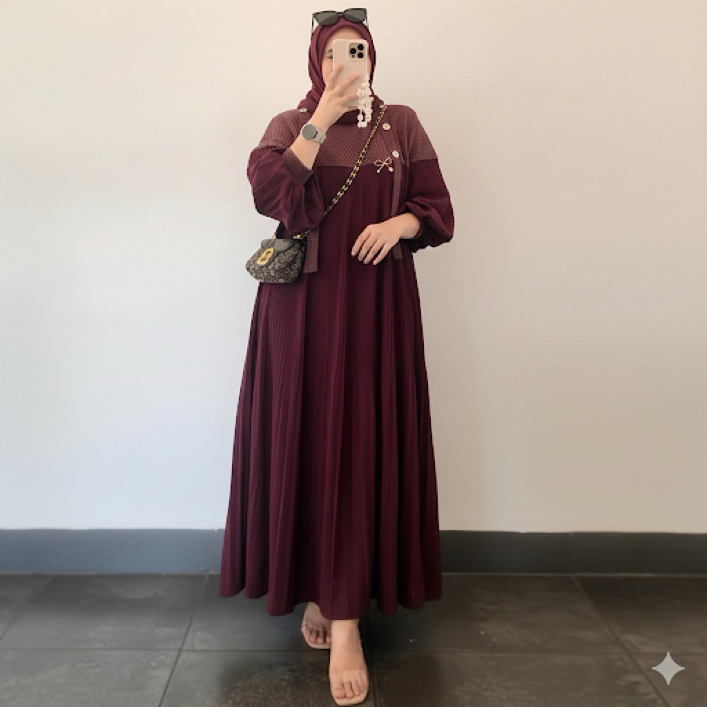 Gamis Viva Maxy #5 – Knit Premium Ori Plisket, LD 110–130cm, Busui Friendly, Jatuh Anggun & Elegan