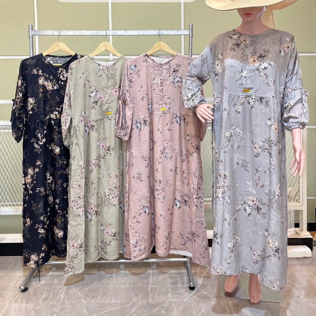 Midi Rayon Motif Lengan Balon // Gamis Midi Wanita Rayon Balon