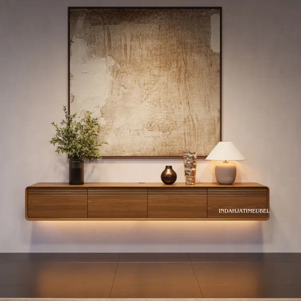 bufet tv dinding nakas gantung kayu jati solid kabinet rak t serbaguna