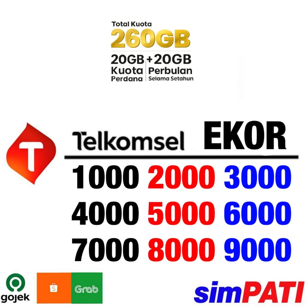 Kuota 260GB (20GB Kuota Awal + 20GB/Bln Selama 1 Tahun) -  Perdana Nomor Cantik Telkomsel Simpati - 