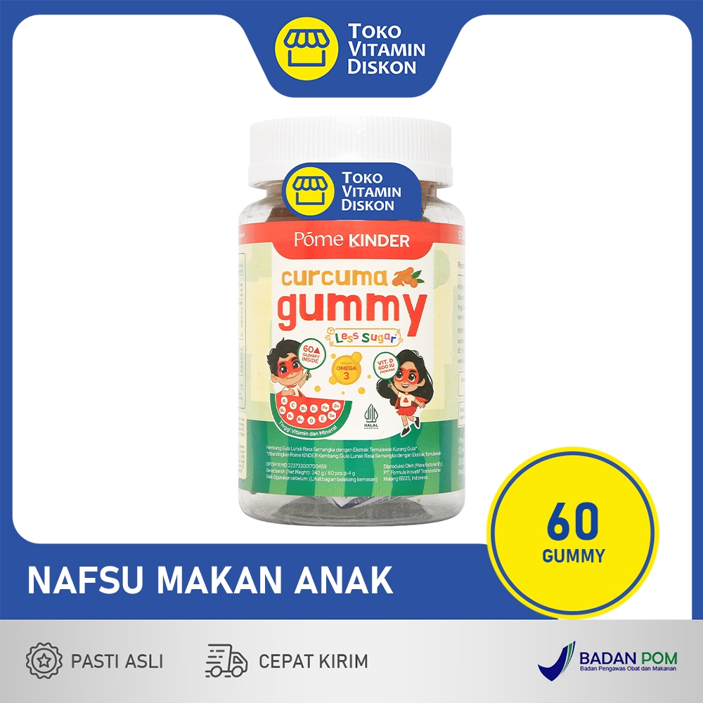 POME KINDER LESS SUGAR BOTOL KEMASAN 60 GUMMY | Gummy Curcuma, Minyak Ikan, Fish Oil, Omega 3, Daya 