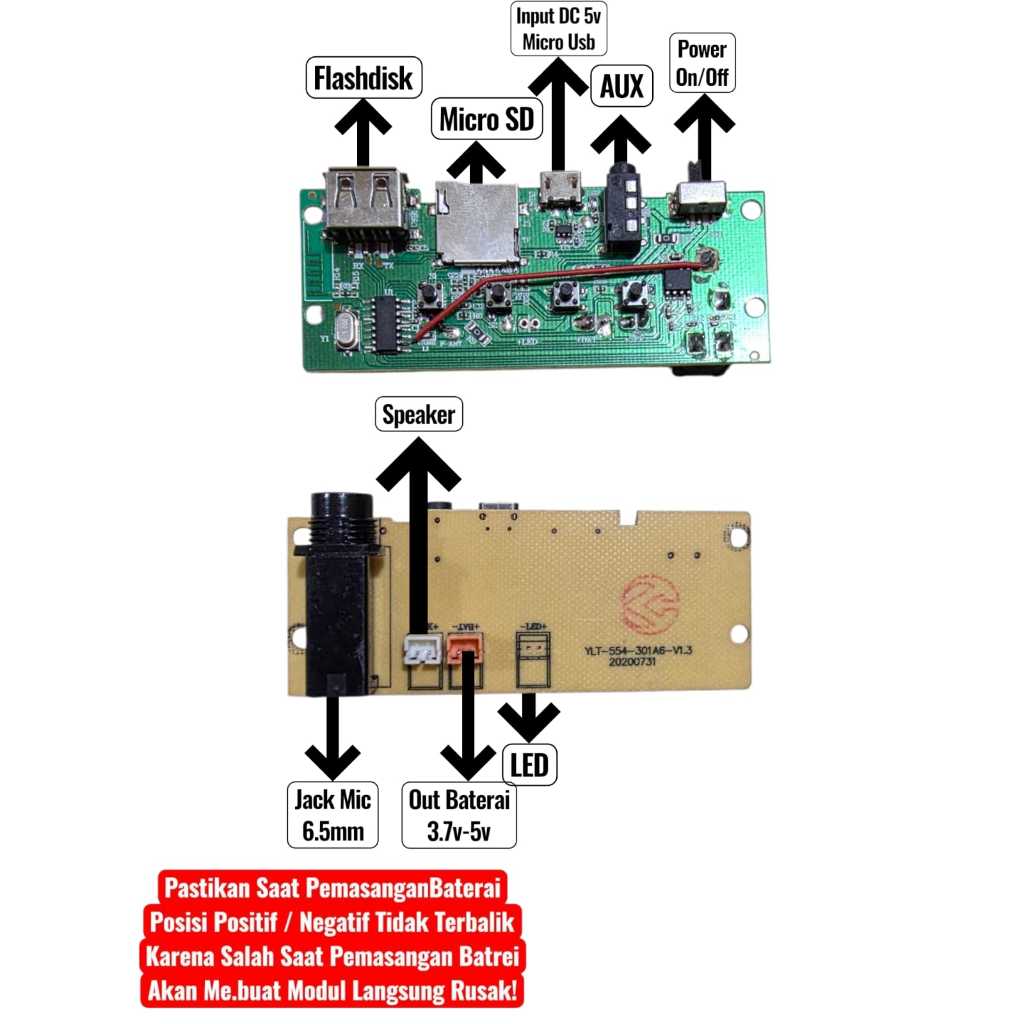 MODULE MODUL MP3 BLUETOOTH 3.7V-5V MODUL MUSIK BOX BT MIC MICROPHONE 6.5MM COPOTAN RADIO AUX FLASHDI