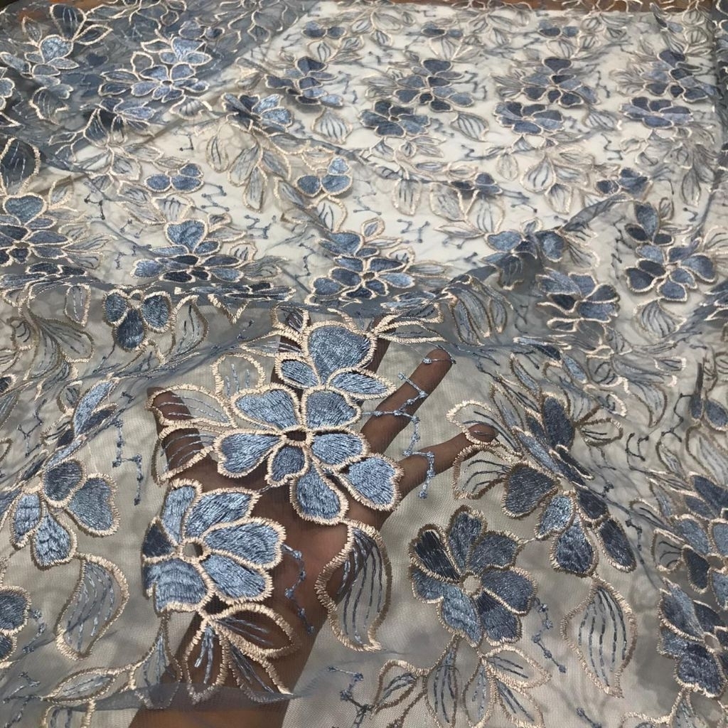 kain tille Prada - kain tille Prada bordir flower timbul mewah - kain Tulle Prada timbul (denim)