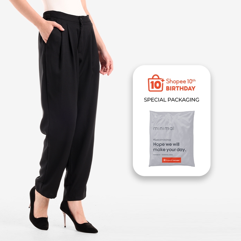 [Shopee Special 10th Birthday] Minimal Basic Pleats Trouser Wanita Jet Black