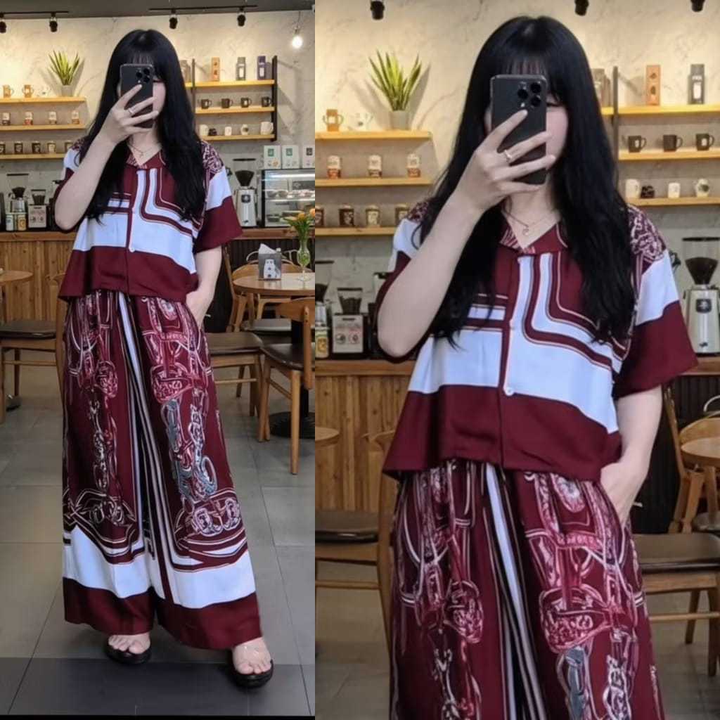 Setelan Crop wanita kekinian | one set Crop celana kulot jumbo | busui frendly kancing motif wayang