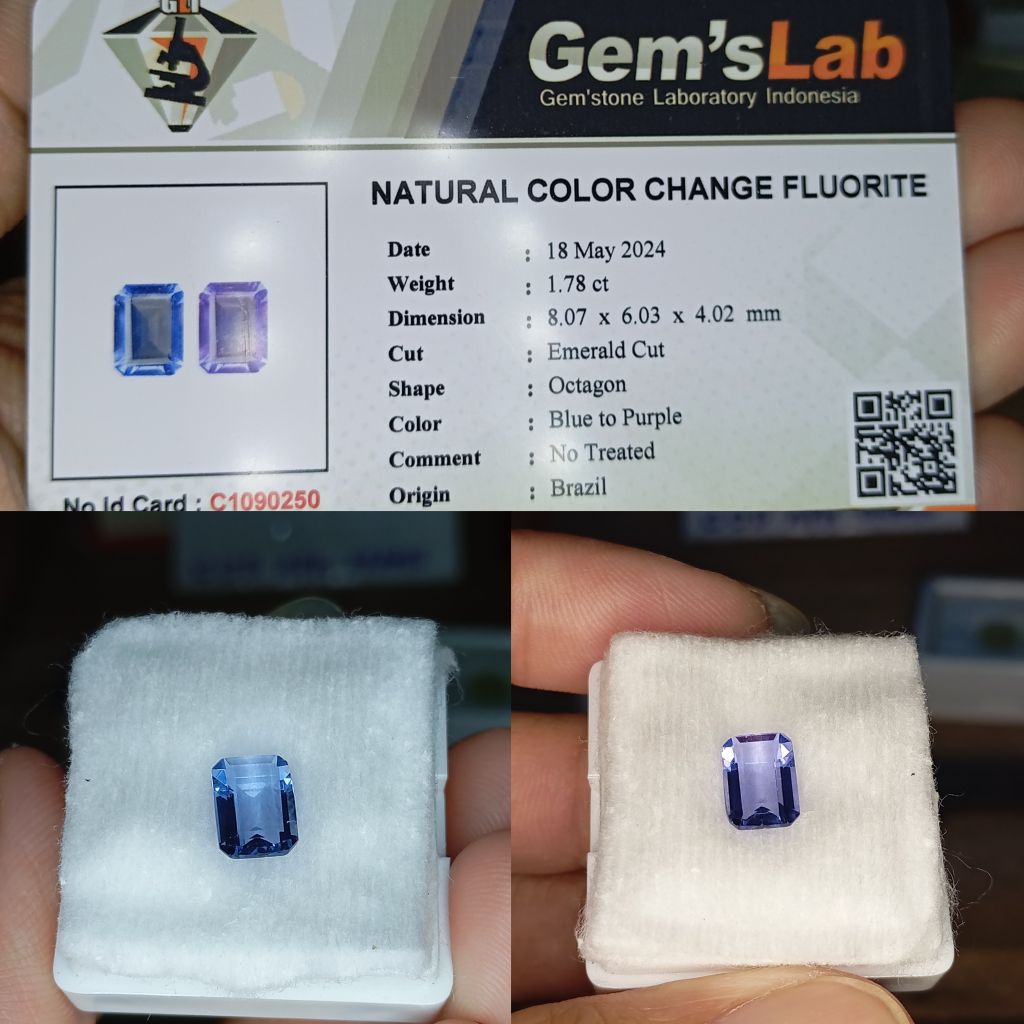Batu permata natural color change fluorite + Memo GLI